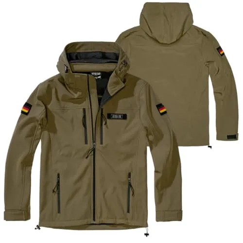 BWuM Tactical Softshell Jacke mit Patch & Flaggen, Größe M, Oliv - Wasserfeste und winddichte Softshell Jacke mit 3000mm Wassersäule. Ideal für Outdoor-Aktivitäten. Verstellbare Ärmelenden und praktische Taschen bieten Komfort und Funktionalität.