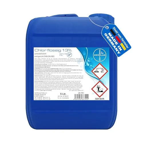 HERRLAN Poolpflege Chlor flüssig 5L – Unstabilisiert mit 13% Aktivchlorgehalt - Effektive Poolpflege mit HERRLAN Chlor flüssig 5L, frei von Cyanursäure für eine schnelle Wasserdesinfektion. Ideal für Whirlpools und Schwimmbecken, sorgt für klares Wasser und einfache Anwendung.