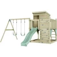 PolarPlay Spielturm Björn - Doppelschaukel & Spielhaus - Schaukeln für Kinder, mit einem entzückenden Spielhaus und einer schwingenden Doppelschaukel in zauberhaften Pastellfarben, ideal für Gartenabenteuer.