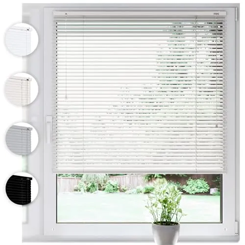 Sonello Jalousie Klemmfix ohne u. mit Bohren 30cm x 100cm Weiß Aluminium Jalousette, Inkl. Halterung für Decken- u. Wandmontage Alu Jalousie Fenster u. Tür, Blickdicht freihängend, weiß