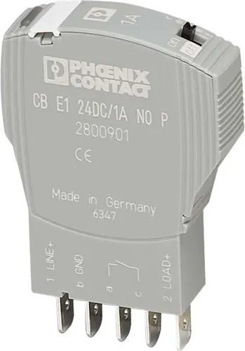 Phoenix Contact CB E1 24DC/1A NO P Elektronischer Geräteschutzschalter - Basisschalter mit aktiver Strombegrenzung, ideal für sichere Anwendungen. Kompakte Bauform, 1-polig und schnelle Abschaltzeit von 0,8 ms.