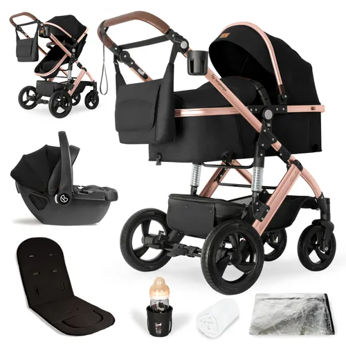 bergsteiger Kombi-Kinderwagen Nizza 3 in 1 - Vielseitiger Kinderwagen mit Auto-Babyschale und optionaler Isofix Station, elegantes Design in black und rose golden, ideal für moderne Eltern.