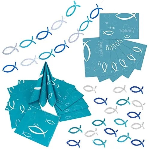 Oblique Unique® Deko Set für Taufe Kommunion Konfirmation Junge - Fisch Girlande + 18 Fisch Konfetti + 6 Einladungskarten + 20 Servietten