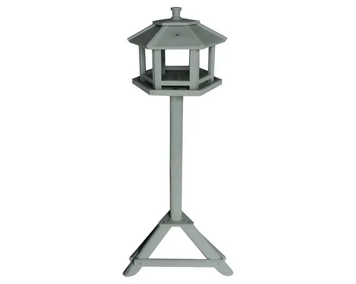 VOGELHAUS AUF STÄNDER HEXAGON GENOVA - Sechseckiges Futterhaus auf Ständer für Gartenvögel, stilvolles Design in Weiß/Grau, ideal für die Vogelbeobachtung im eigenen Garten.