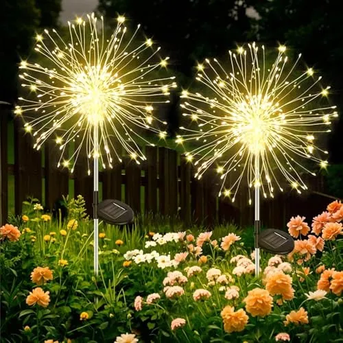 Joycome Solarleuchten für Außen 2 Stück 120 LED Feuerwerk Solarlampen, 8 Modi Gartenleuchten Solar Wetterfest Pusteblume Gartenstecker, Gartenbeleuchtung für Balkon Blumenkästen Terrassen Deko