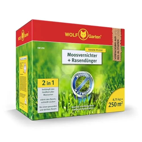 WOLF-Garten Moosvernichter + Rasendünger SW 250 - Effektiver Moosvernichter und Dünger für Rasenflächen bis 250 m². Beseitigt Moos zuverlässig innerhalb von 2-3 Wochen und stärkt die Rasenpflanzen für einen gesunden, dichten Wuchs.