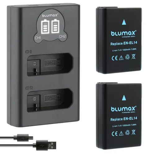 2x Akku + LCD Lader für Nikon EN-EL14 D3300  D5300 D5500 D5600  P7800 1050 mAh