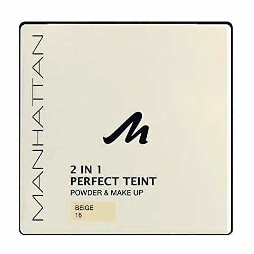 Manhattan 2 in 1 Perfect Teint Powder – Beige 16, 9g – Puder und Make-up in einem - Vielseitiges 2-in-1 Puder für einen ebenmäßigen Teint. Ideal für unterwegs mit integriertem Spiegel. Verwendung trocken als Puder oder nass als Foundation für frischen, natürlichen Look. Perfekt für helle Hauttypen.