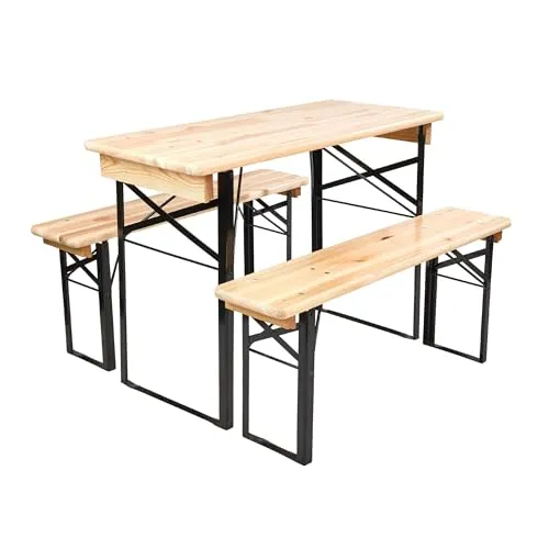 BUTLERS Bierzeltgarnitur 3-TLG. klappbar -Good Company- - Platzsparendes 3-teiliges Set aus Gartentisch und zwei Bierbänken, ideal für Balkon und Terrasse. Hochwertiges FSC-Kiefernholz und robustes Metallgestell bieten Stabilität und rustikalen Charme.