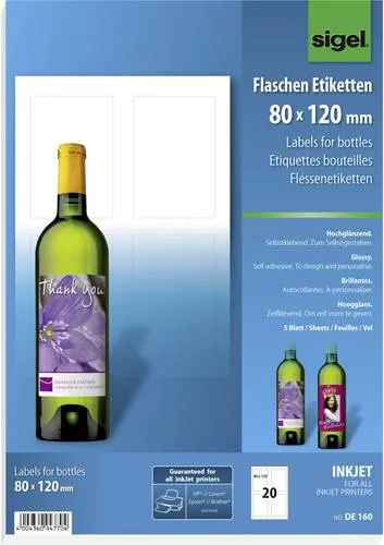 Sigel DE160 Flaschenetiketten 80 x 120mm Papier Weiß 20 St. Permanent haftend Tintenstrahldrucker