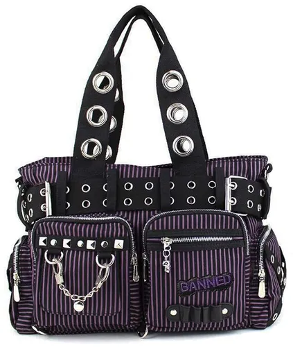 Banned Damen Handtasche mit Handschellen-Details - Damen-Schultertaschen im Rockabilly-Look, aus strapazierfähiger Leinwand, mit zahlreichen Taschen und abnehmbarem Schultergurt für optimalen Komfort.