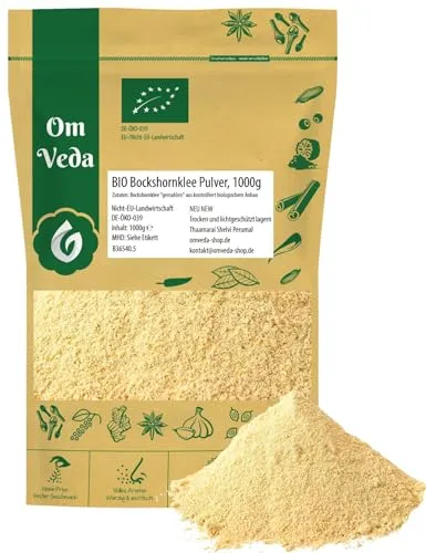 BIO Bockshornklee gemahlen | Fein gemahlenes Bockshornkleesaatpulver ohne Zusätze | Organic Fenugreek Seeds Powder | Ideal für Tee oder als Gewürz | OmVeda (1000g)