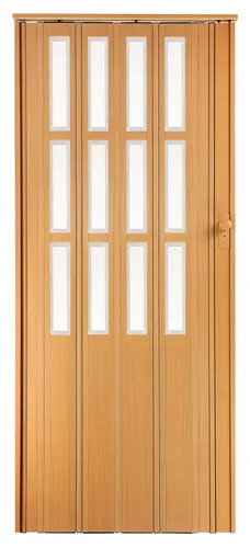 Standom Falttür Schiebetür Buche (Erle) - Falttür mit Fenster und Schloss, ideal für Platzersparnis und vielseitige Nutzung, geeignet für Türbreiten bis 85 cm, mit Hakenverriegelung und 2 Schlüsseln.