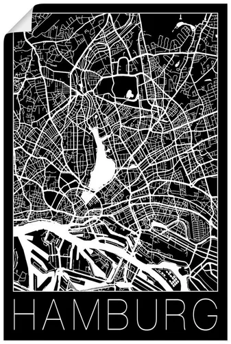 Artland Wandbild Retro Karte Hamburg Deutschland Schwarz, Deutschland (1 St), als Alubild, Outdoorbild, Leinwandbild, Poster in verschied. Größen
