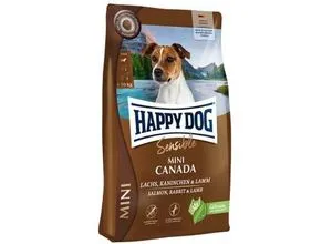 Happy Dog Sensible Mini Canada 4kg - Getreidefreies Hundefutter für kleine, sensible Hunde mit bissoptimierten Kroketten. Enthält hochwertige Zutaten wie Lachs, Kaninchen, Lamm und Kartoffel.