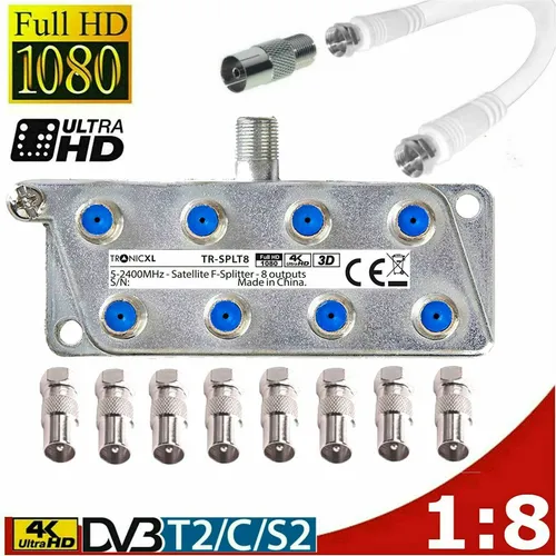 Profi 8fach IEC TV Verteiler - Satellitenweichen & Splitter, ideal für Kabelfernsehen mit 8 Ausgängen und universeller Kompatibilität für verschiedene Anbieter.