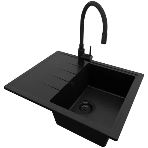 PRIMAGRAN Granitspüle Alles Schwarz 62x50cm mit Küchenarmatur, Ablauf-Set - VIELSEITIG UND MODERN – Die Granitspüle 620-40 ist ideal für Unterschränke ab 40 cm. Ihr XL-Becken bietet Platz für großes Geschirr. Mit einer eleganten, minimalistischen Abtropffläche und flexibler Installation fügt sie sich perfekt in jede Küche ein.