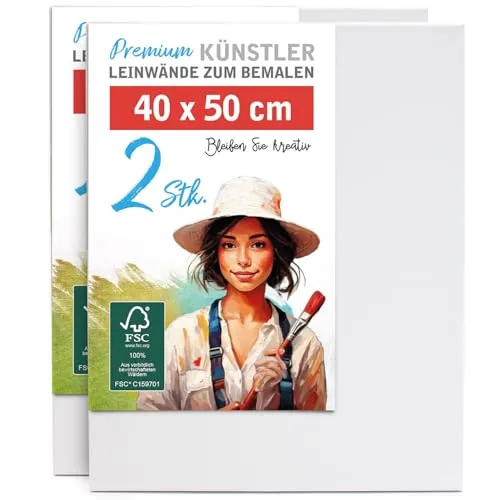 2er-Set Leinwand zum Bemalen 40x50cm groß - 100% Baumwolle 280g/m², 2-fach grundiert, FSC® Holz-Keilrahmen 17mm, für Acrylfarbe, Aquarell, Öl & Gouache