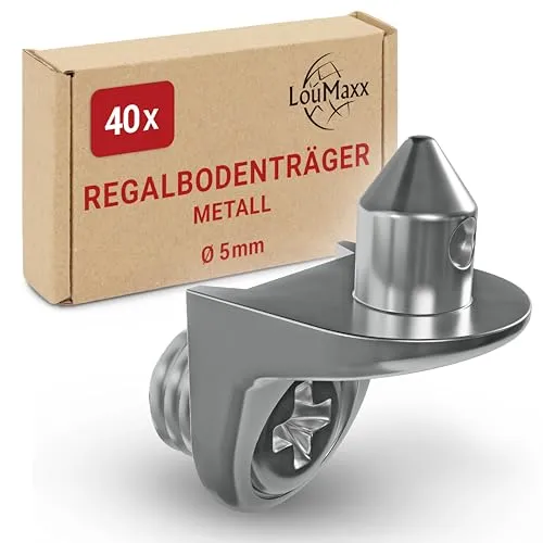 LouMaxx Winkelbodenträger mit Zapfen und Schraube - 40er Set Regalbodenträger - Sicherheits Bodenträger 5mm - Einlegeboden Halter aus Zamak vernickelt