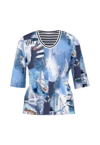 Marc Cain T-Shirt Salty Breeze - Stilvolles Damen-T-Shirt in maritimem Design aus bequemer Baumwoll-Elasthan-Mischung. Ideal für lässige Outfits und perfekten Tragekomfort.