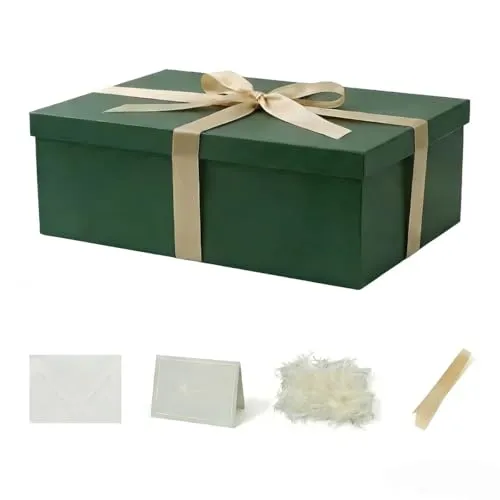 KdmNzoo Geschenkbox mit Deckel 42 x 32 x 15.5 cm groß xxl, Geschenkbox mit Schleifen, Grußkarten, Raffia Hamper Shreds für Grün