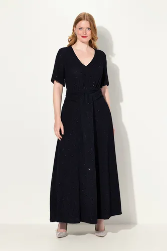 Ulla Popken Abendkleid A-Linie mit Glanz-Effekt - Festliches gemustertes Kleid in A-Linie, ideal für besondere Anlässe, mit eleganter Drappierung und V-Ausschnitt für eine schmeichelhafte Silhouette.