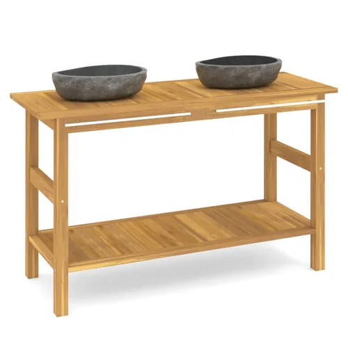 vidaXL Waschtisch mit Flussstein-Waschbecken aus Teakholz - Eleganter Waschtisch aus massivem Teakholz mit zwei Flussstein-Waschbecken. Ideal für Badezimmer, bietet stabilen Stauraum und zeitloses Design. Leicht zu reinigen und robust für den täglichen Einsatz.