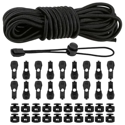 10m Schwarz Elastische Gummischnur 3mm, Gummiband Rund Schnur Gummiseil mit 40 Kordelstopper Kordelklemme 30 Kordelstopper 2 Loch Gummikordel für Kordelzug Rucksack Bekleid Wäscheleinen