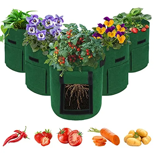 LITLANDSTAR Potato Growing Bag, 5-Pack 10 Gallonen Vegetable Growing Plant Bags mit Sichtfenster und Griffen für Gemüse, Obst, Blumen, Kartoffel (Grün)