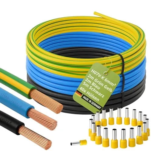 INVOLT H07V-K 6 mm² Verdrahtungsleitung 5m Schwarz je 2m Blau +Grün Gelb Set, mit 40 Aderendhülsen Made in Germany