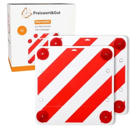 Preiswert&Gut 2x Warntafel Fahrradträger 50x50 cm für LKW, Wohnmobil Kunststoff, Rot-Weiß, Warnschild mit 4 Metallösen - Mit 4 Rückstrahlern - NICHT FÜR SPANIEN, ITALIEN! Auch für Sonderlasten