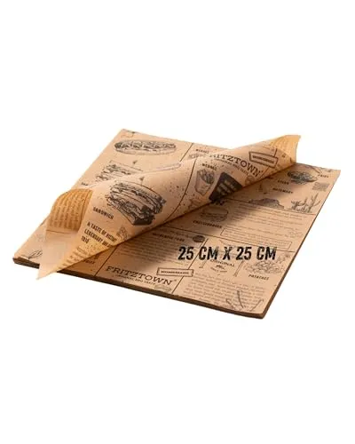 FRITZTOWN Deli Paper 25×25 cm 500 Blatt | Unbeschichtetes Einschlagpapier & Burger Papier | Fettabweisendes Food Paper für Burger, Pommes, Sandwich, BBQ & Street Food