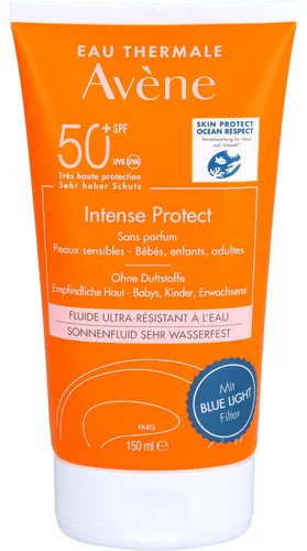 Avene Intense Protect Sonnenfluid ultra SPF 50+ - Sonnenschutzmittel für empfindliche Haut, bietet sehr hohen UV-Schutz und Blue Light Schutz, zieht schnell ein und ist vegan. Ideal für intensive Sonnenbedingungen.