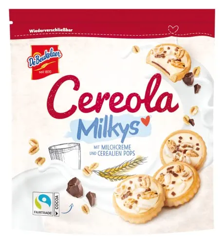 DeBeukelaer Cereola Milkys, 147 g - Kekse mit knusprigem Biss, gefüllt mit samtiger Milchcreme und umhüllt von Schokolade, verfeinert mit gepoppten Cerealien – ein Genuss für Keks-Liebhaber!