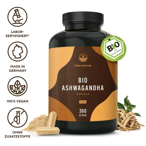 Bio Ashwagandha - 360 Kapseln (BIG PACK) - Ashwagandha Kapseln mit 2600mg pro Tag, ideal für Stressreduktion und natürliche Energie. Vegan, laborgeprüft und hergestellt in Deutschland.
