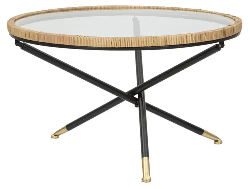 Tavolo Da Caffe' Saint Barth Rotondo Ø 80 cm - Stilvoller runder Couchtisch mit schwarzem Metallgestell und eleganter Glasplatte. Das Rattangeflecht und die goldenen Tischbeine setzen geschmackvolle Akzente in jedem Raum.