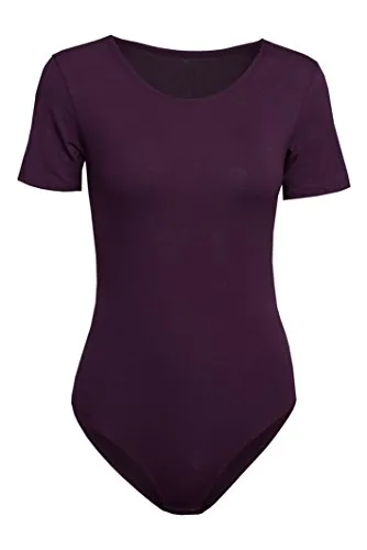 Evoni Damen Body kurzarm l Stringbody aus Baumwolle mit Rundhals l Kurzarmbody für Frauen l Tanga Bodysuit l String Body S lila