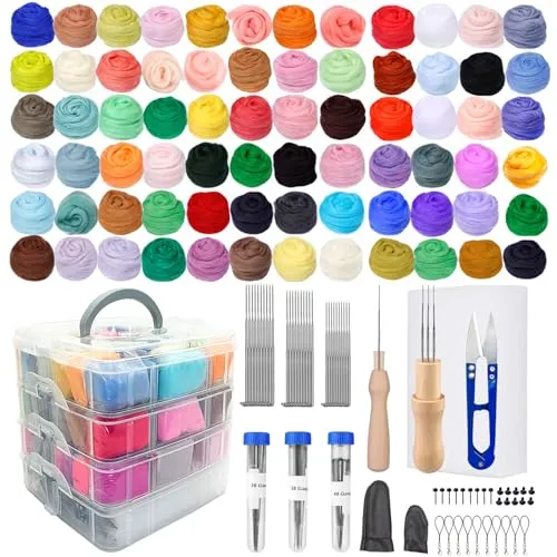 Nadelfilz Set,72 Farben Filzwolle Roving, Filzset für Anfänger mit Filznadeln,Filzmatte,Grundlegende Werkzeuge und Zubehör,Filzwolle Set für Anfänger DIY Filz Tier Handwerk Hand Spinnen Nadel Filzen