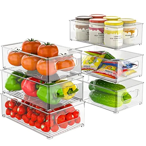 Kühlschrank Organizer Set - 6er Set für optimale Ordnung - Küchen Organizer für Speisekammer und Gefrierschrank, BPA-frei und stapelbar, ideal für eine effiziente Aufbewahrung von Lebensmitteln in verschiedenen Größen.
