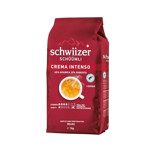 SCHWIIZER SCHÜÜMLI Bohnenkaffee Schwiizer Crema Intenso 1kg - Kaffeebohnen für vollmundigen Genuss, ideal für Kaffeevollautomaten und Espressomaschinen – perfekter Begleiter für Espresso, Cappuccino und Café Crème.