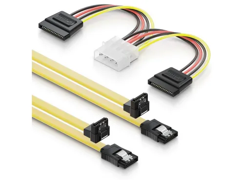deleyCON 2x deleyCON 0,5m S-ATA 3 Datenkabel Winkel (Clip) + 4pin zu 2x SATA Computer-Kabel