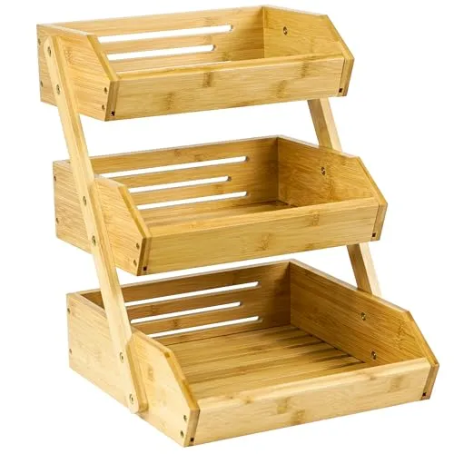 AdelDream Bambus-Obstkorb 3-stöckig - Obstschalen mit atmungsaktiver Bambusstruktur, die Obst und Gemüse frisch hält. Das 3-stufige Design bietet optimalen Stauraum und reduziert Unordnung auf der Theke.