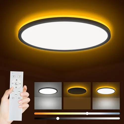 Bowfar LED Deckenleuchte, 24W 2800LM Deckenlampe mit Fernbedienung Dimmbar 3000K-6500K, 1800K Nachtlicht Amber, Rund Badezimmer Lampe für Wohnzimmer Kinderzimmer Schlafzimmer Ø29.5x2.5cm, Schwarz