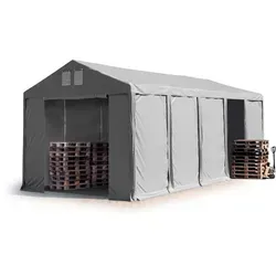 TOOLPORT 4x10 m Lagerzelt, grau mit Bodenrahmen - Sonnenschutz: Robustes 4x10 m Lagerzelt aus hochwertigem PVC mit fixierendem Bodenrahmen für hohe Stabilität und Flexibilität - ideal für ganzjährige Nutzung als Lager oder Mehrzweckraum.