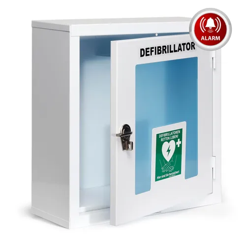 MedX5 Universal Defibrillator AED-Wandkasten mit Alarm - Robuster Wandkasten aus Metall für Defibrillatoren, ideal für Innenräume. Mit Alarm und abschließbarem Drehverschluss sorgt er für sichere Aufbewahrung und einfachen Zugang.
