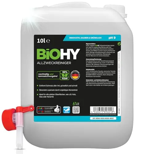 BiOHY Allzweckreiniger (10L Kanister) + Auslaufhahn | Bodenreiniger Konzentrat für Parkett, Fliesen & Hartböden | Reiniger für Wischroboter, Saugwischer & Saugroboter | Schaumarmes, ergiebiges