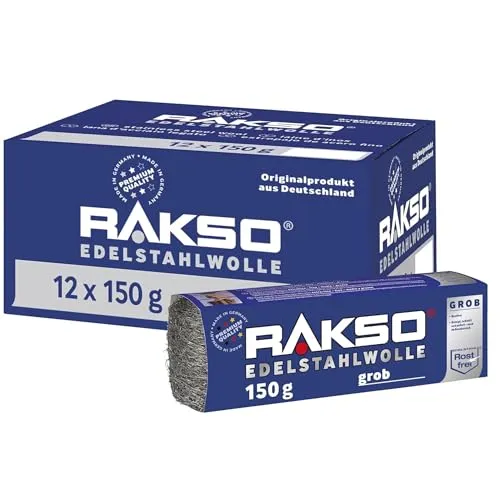 RAKSO Edelstahlwolle grob - 1,8 kg, 12 Banderolen à 150g rostfrei, beseitigt hartnäckige Ablagerungen auf Fliesen, Keramik - Böden im Nassbereich