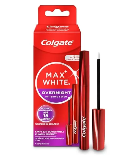 Colgate Max White Overnight Whitening-Serum 2.5ml - Effektives Whitening-Serum für strahlend weiße Zähne, entfernt Verfärbungen sanft und schnell, ideal für die tägliche Zahnpflege.