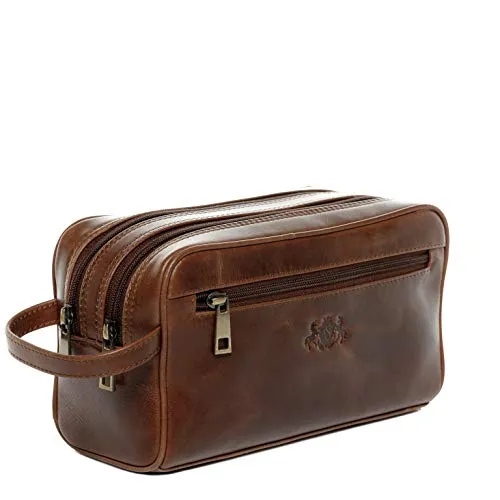SID & VAIN Kulturbeutel aus echtem Leder - GATWICK groß hell-braun - Hochwertiger Kulturbeutel aus echtem Leder, handgefertigt und ideal für Reisen, Sport oder Alltag. Bietet ausreichend Platz und besticht durch sein elegantes, vintage Design.