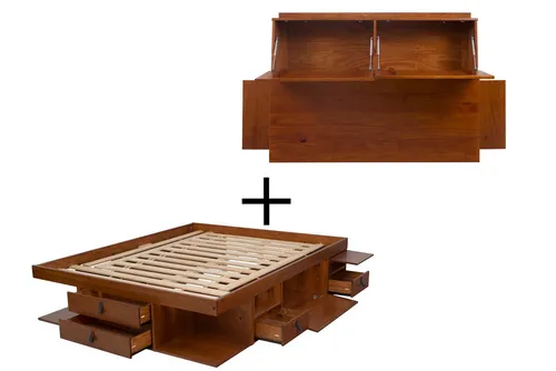 Bett mit Stauraum 180x200 + Funktions-Kopfteil: Set Bali Karamell - Betten mit viel Stauraum, ideal für kleine Schlafzimmer. Das Set Bali vereint Funktionalität und modernes Design, bietet Unterbett-Aufbewahrung und stabilen Rahmen aus massiv Kiefernholz.